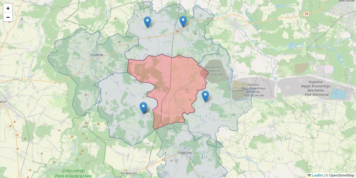 Szczegółowa mapa kodu pocztowego 98-358 z granicami, sąsiednimi kodami pocztowymi i urzędami pocztowymi