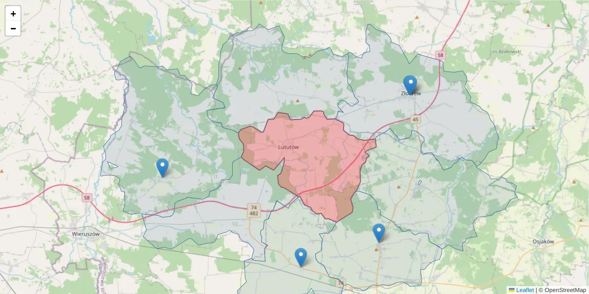 Szczegółowa mapa kodu pocztowego 98-360 z granicami, sąsiednimi kodami pocztowymi i urzędami pocztowymi