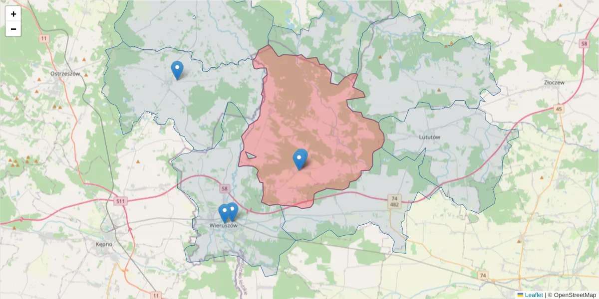 Szczegółowa mapa kodu pocztowego 98-405 z granicami, sąsiednimi kodami pocztowymi i urzędami pocztowymi