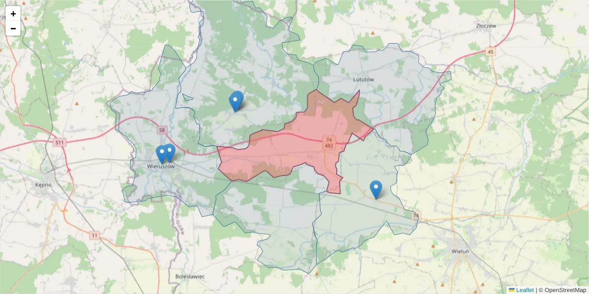 Szczegółowa mapa kodu pocztowego 98-420 z granicami, sąsiednimi kodami pocztowymi i urzędami pocztowymi