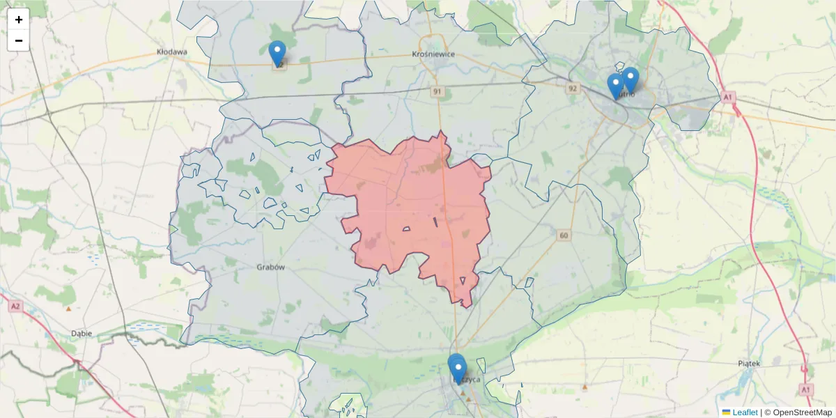 Szczegółowa mapa kodu pocztowego 99-107 z granicami, sąsiednimi kodami pocztowymi i urzędami pocztowymi