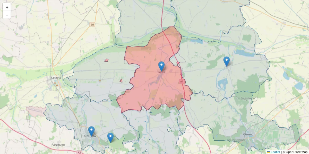 Szczegółowa mapa kodu pocztowego 99-120 z granicami, sąsiednimi kodami pocztowymi i urzędami pocztowymi