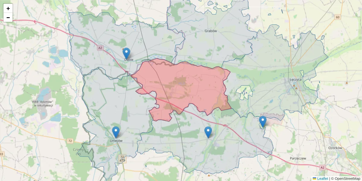Szczegółowa mapa kodu pocztowego 99-140 z granicami, sąsiednimi kodami pocztowymi i urzędami pocztowymi
