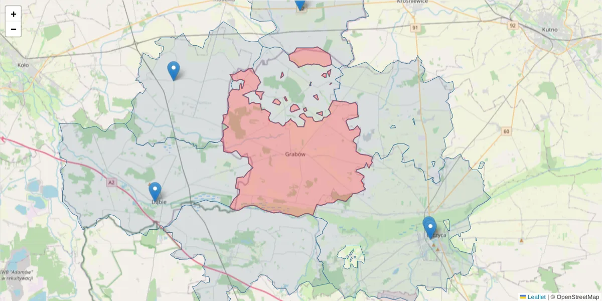 Szczegółowa mapa kodu pocztowego 99-150 z granicami, sąsiednimi kodami pocztowymi i urzędami pocztowymi