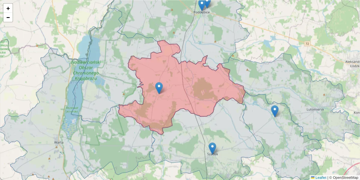 Szczegółowa mapa kodu pocztowego 99-232 z granicami, sąsiednimi kodami pocztowymi i urzędami pocztowymi