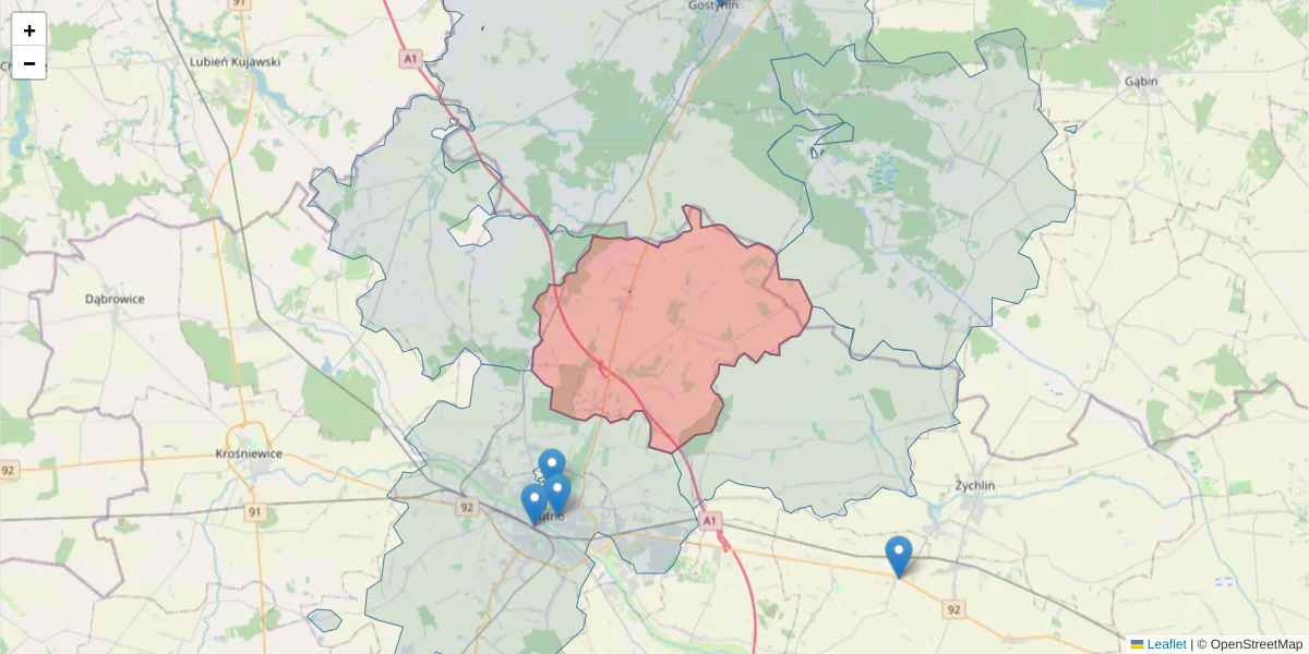 Szczegółowa mapa kodu pocztowego 99-307 z granicami, sąsiednimi kodami pocztowymi i urzędami pocztowymi