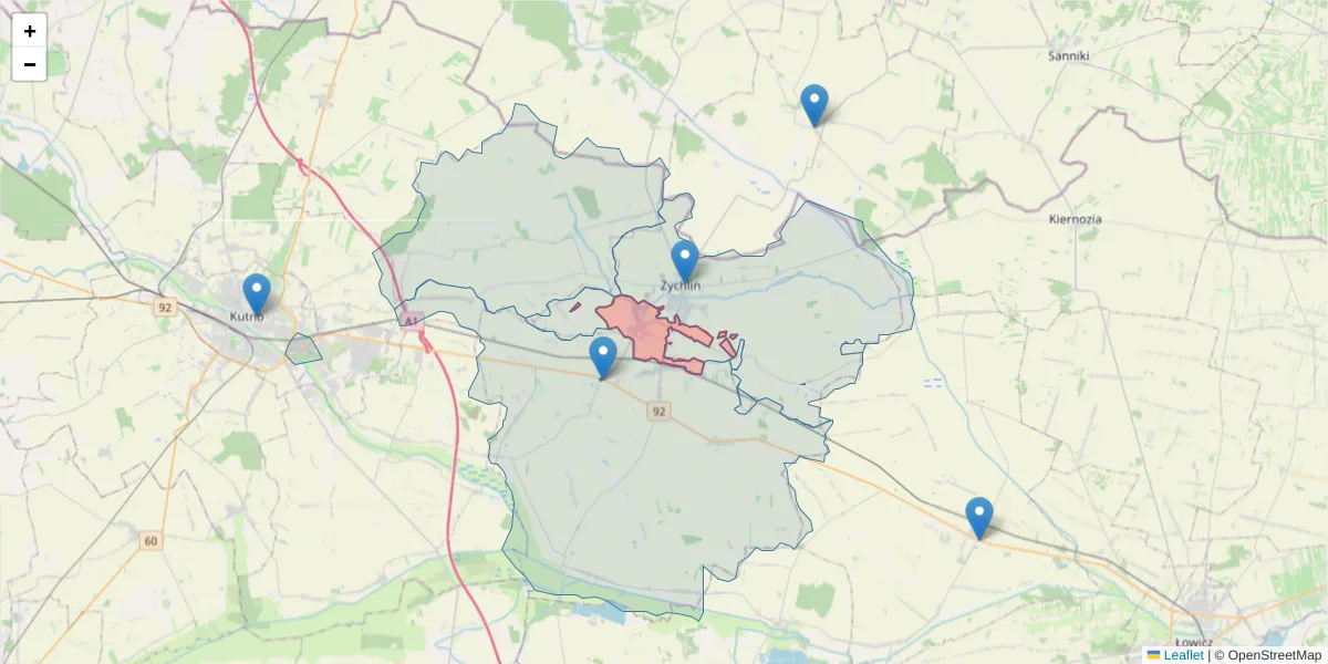 Szczegółowa mapa kodu pocztowego 99-319 z granicami, sąsiednimi kodami pocztowymi i urzędami pocztowymi