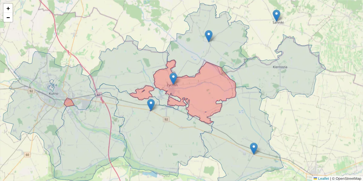 Szczegółowa mapa kodu pocztowego 99-320 z granicami, sąsiednimi kodami pocztowymi i urzędami pocztowymi
