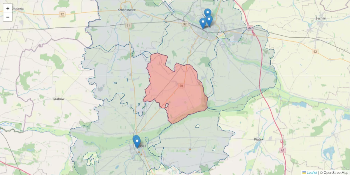 Szczegółowa mapa kodu pocztowego 99-335 z granicami, sąsiednimi kodami pocztowymi i urzędami pocztowymi