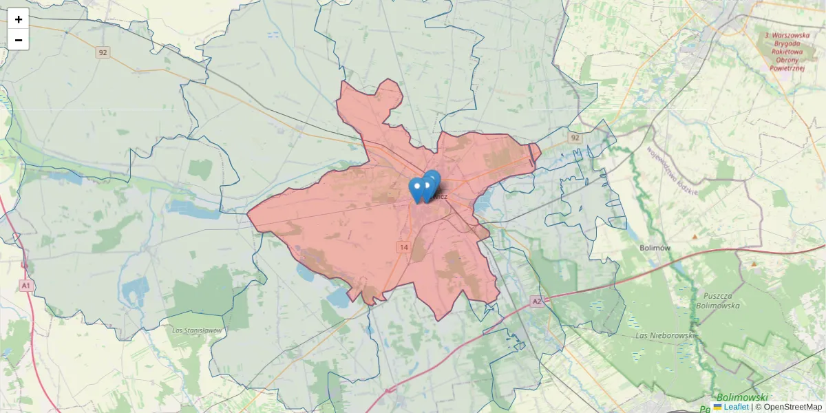 Szczegółowa mapa kodu pocztowego 99-400 z granicami, sąsiednimi kodami pocztowymi i urzędami pocztowymi