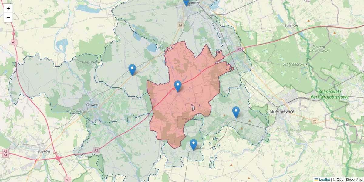 Szczegółowa mapa kodu pocztowego 99-420 z granicami, sąsiednimi kodami pocztowymi i urzędami pocztowymi