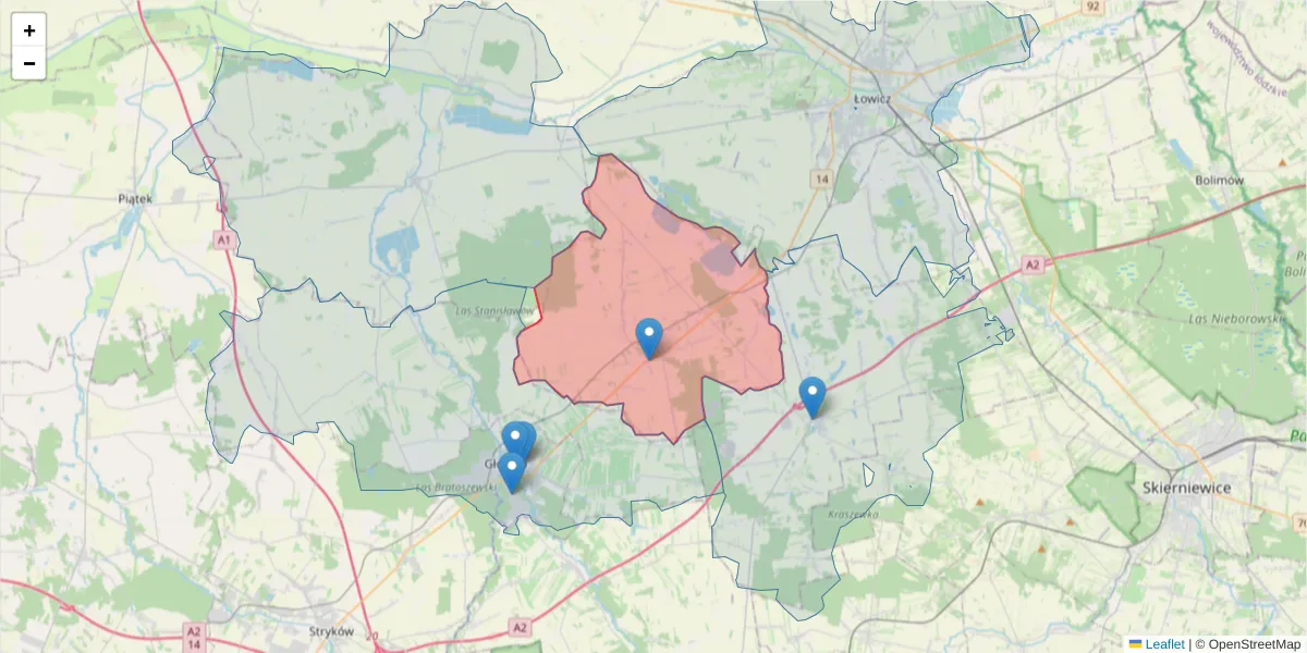 Szczegółowa mapa kodu pocztowego 99-434 z granicami, sąsiednimi kodami pocztowymi i urzędami pocztowymi