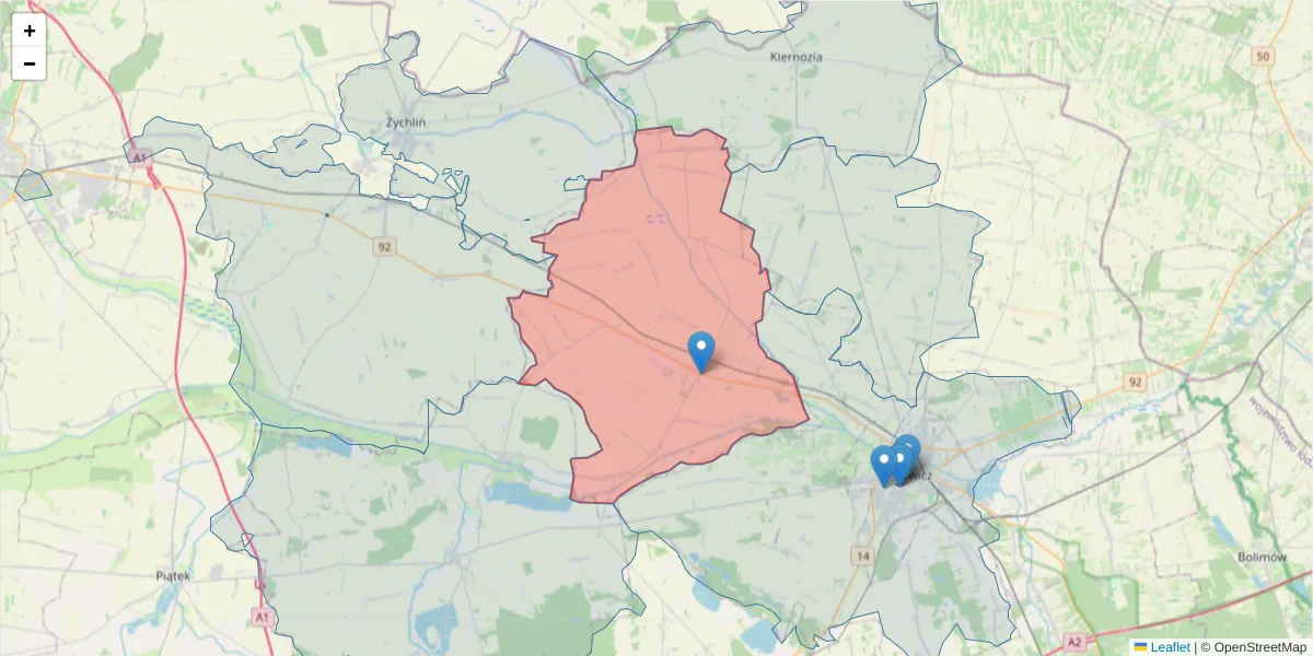 Szczegółowa mapa kodu pocztowego 99-440 z granicami, sąsiednimi kodami pocztowymi i urzędami pocztowymi